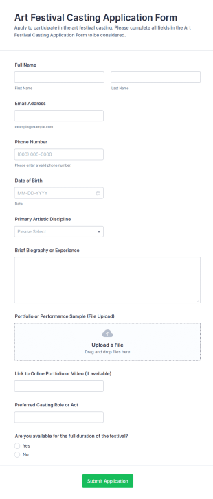 Art Festival Casting Application Form Template
