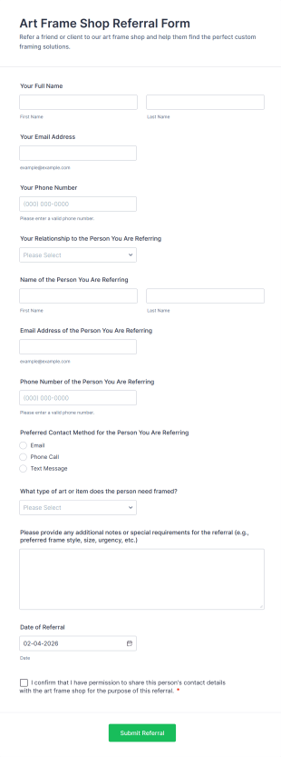 Art Frame Shop Referral Form Template