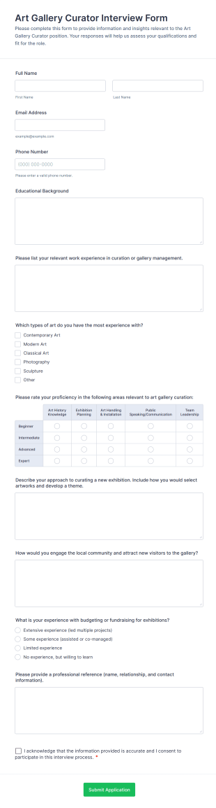 Art Gallery Curator Interview Form Template