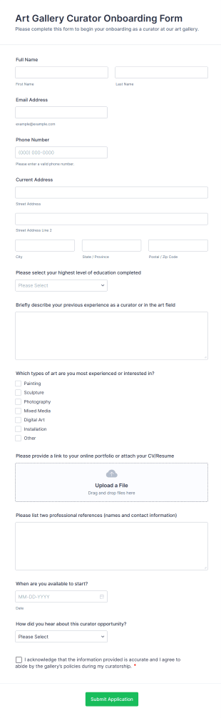 Art Gallery Curator Onboarding Form Form Template