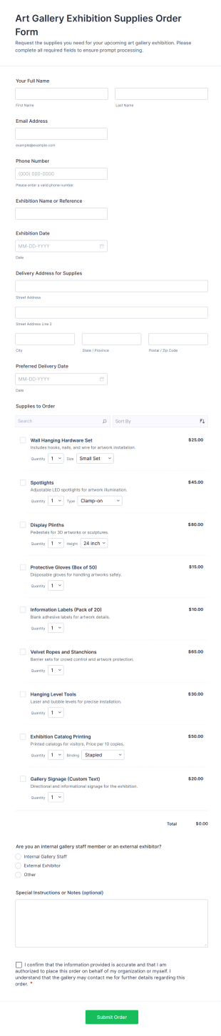 Art Gallery Exhibition Supplies Order Form Template