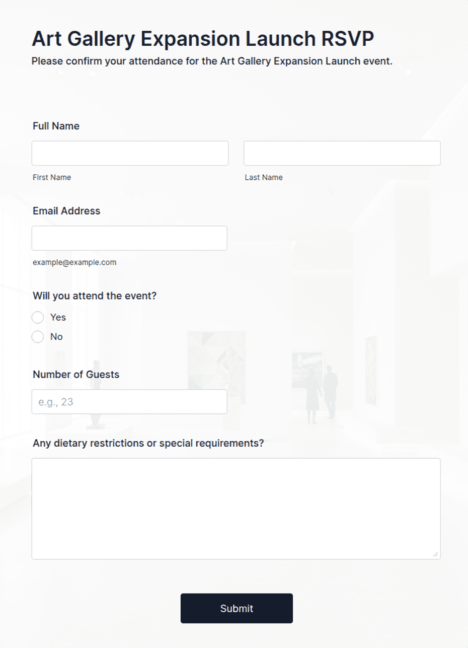 Art Gallery Expansion Launch RSVP Form Template | Jotform
