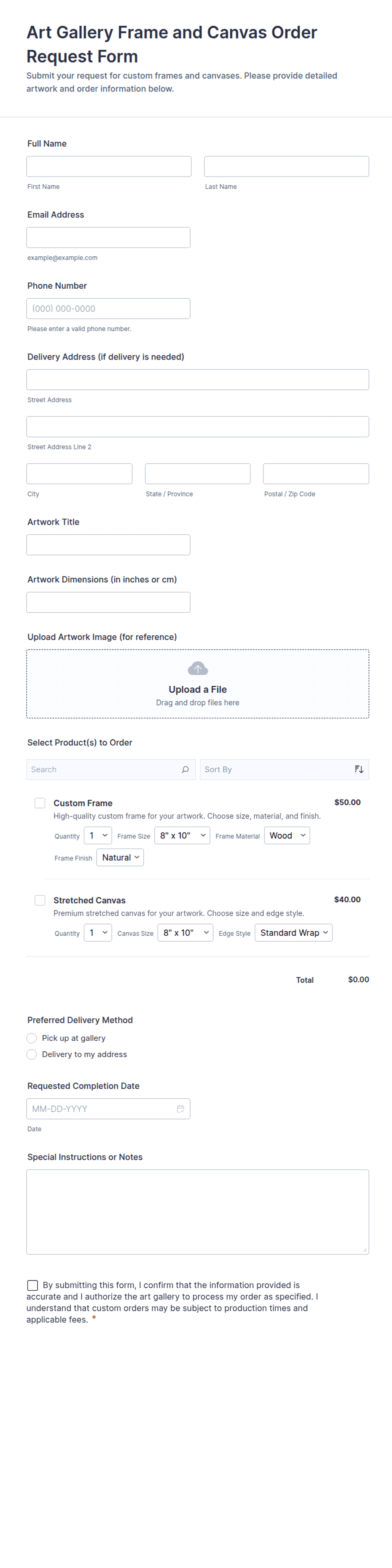 Art Gallery Frame and Canvas Order Request Form Template | Jotform