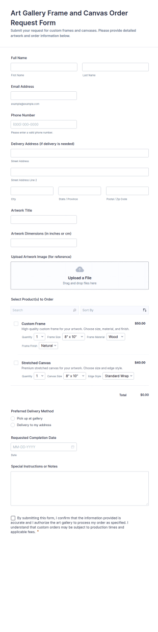 Art Gallery Frame And Canvas Order Request Form Template