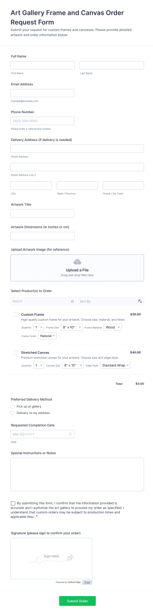 Art Gallery Frame And Canvas Order Request Form Template