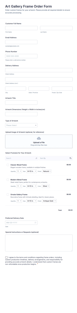 Art Gallery Frame Order Form Template