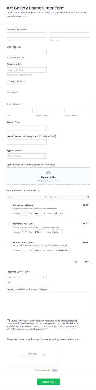 Art Gallery Frame Order Form Template