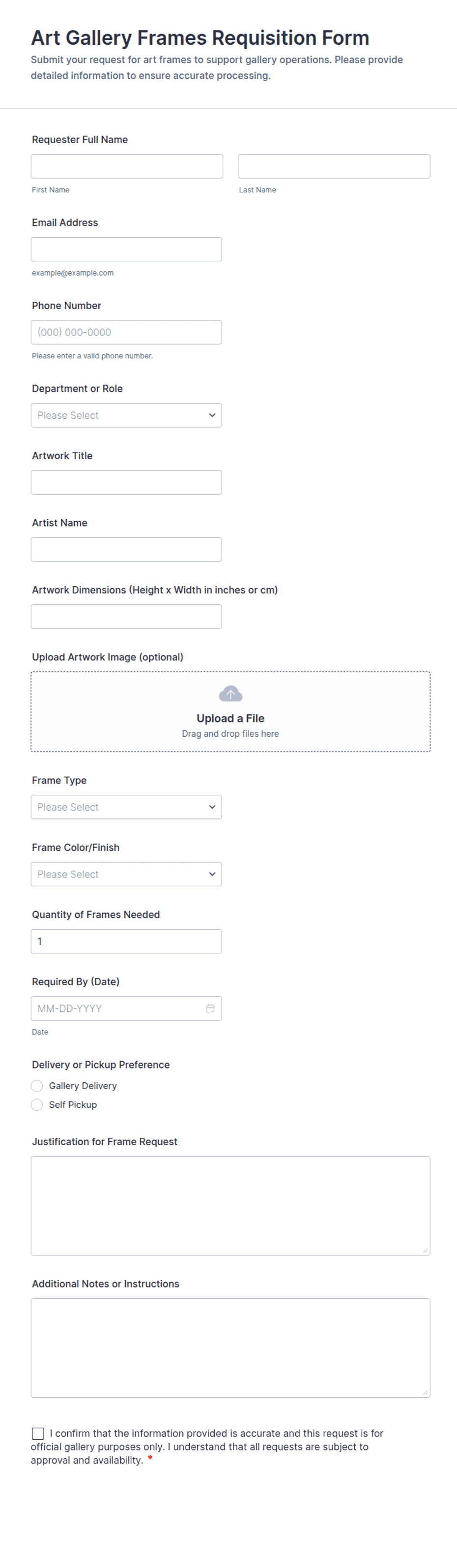 Art Gallery Frames Requisition Form Template | Jotform