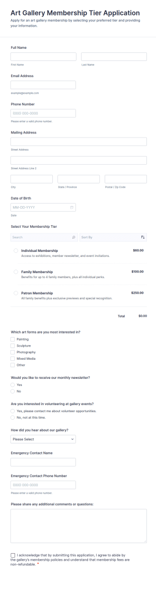 Art Gallery Membership Tier Application Form Template