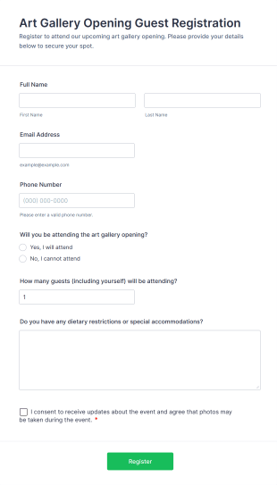 Art Gallery Opening Guest Registration Form Template