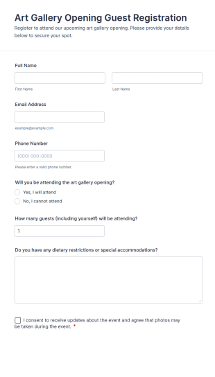 Art Gallery Opening Guest Registration Form Template