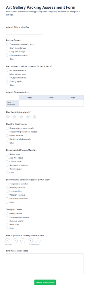 Art Gallery Packing Assessment Form Template
