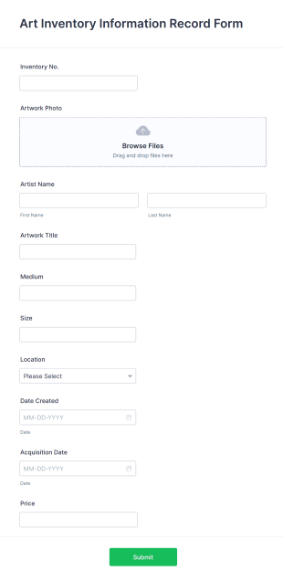 Art Inventory Information Record Form Template