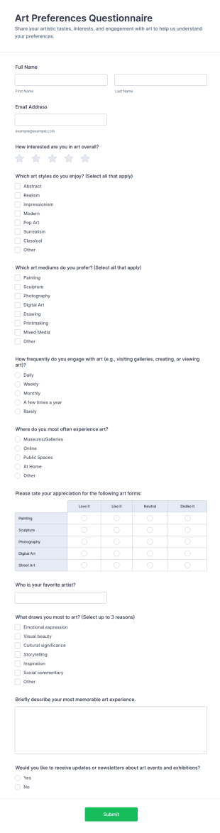 Art Preferences Questionnaire Form Template