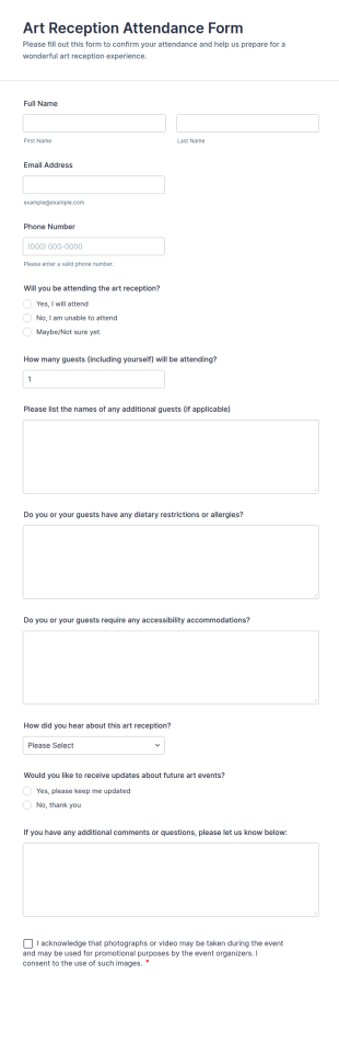 Art Reception Attendance Form Template