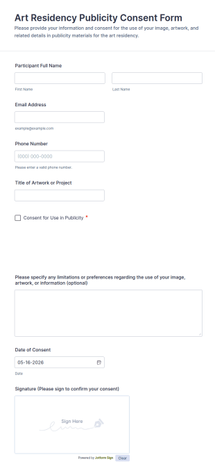 Art Residency Publicity Consent Form Template