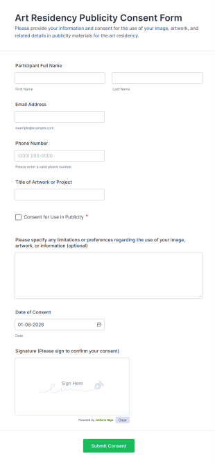 Art Residency Publicity Consent Form Template