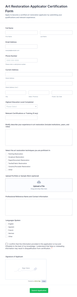 Art Restoration Applicator Certification Form Template