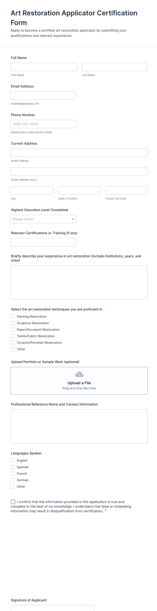 Art Restoration Applicator Certification Form Template