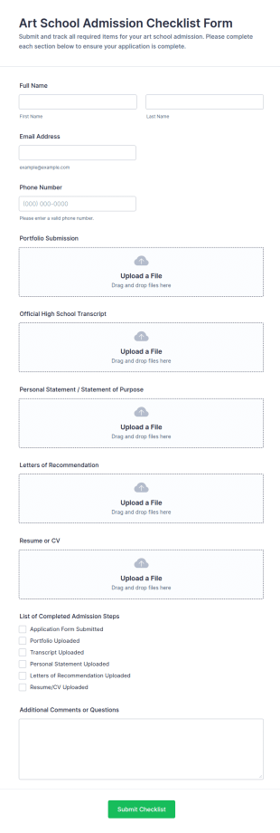 Art School Admission Checklist Form Template