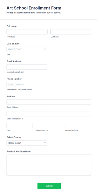 Art School Enrollment Form Template