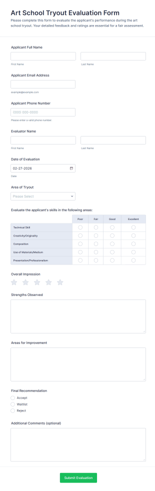Art School Tryout Evaluation Form Template