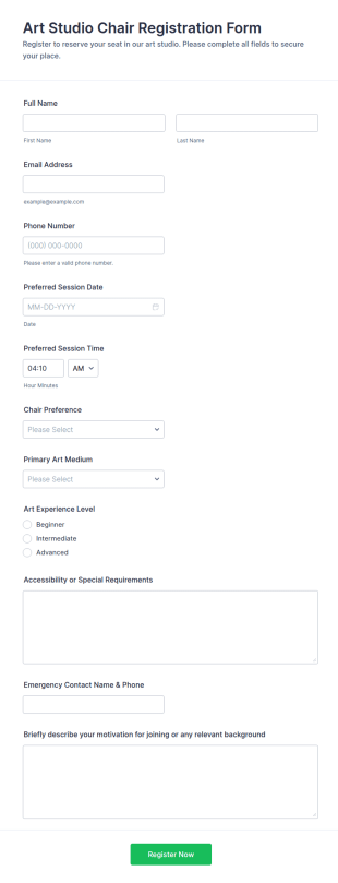 Art Studio Chair Registration Form Template