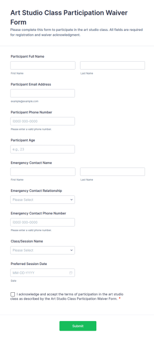 Art Studio Class Participation Waiver Form Template