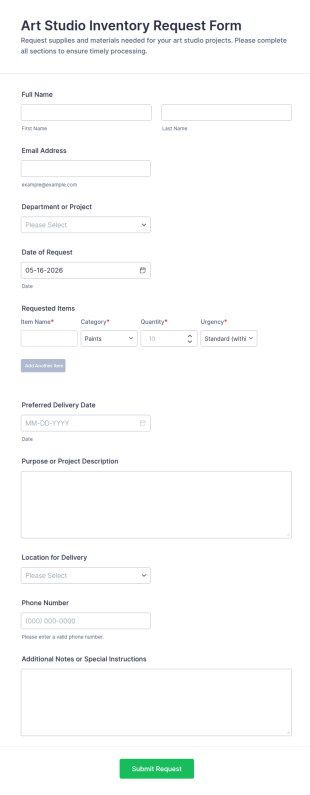 Art Studio Inventory Request Form Template