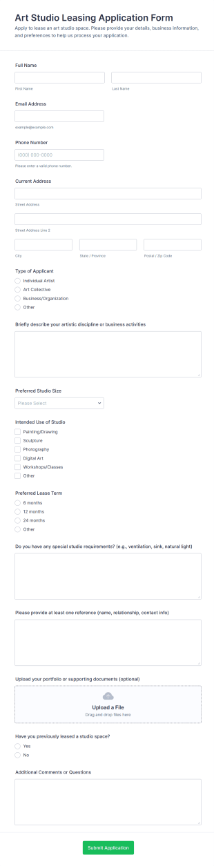 Art Studio Leasing Application Form Template