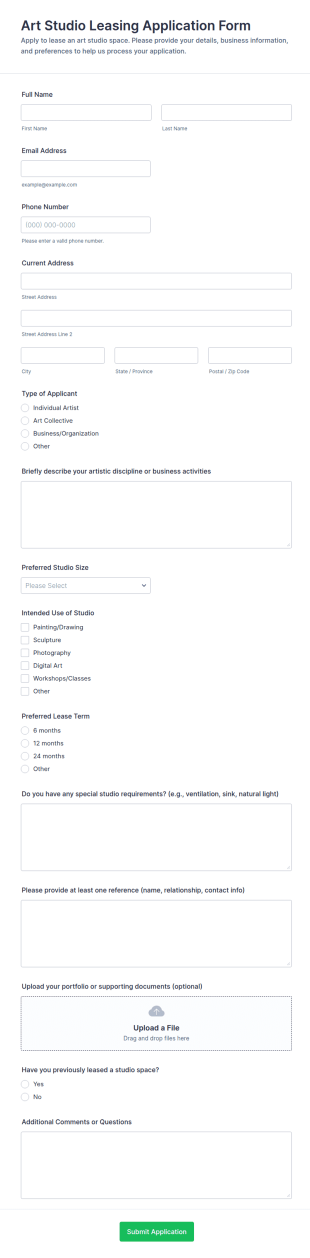 Art Studio Leasing Application Form Template