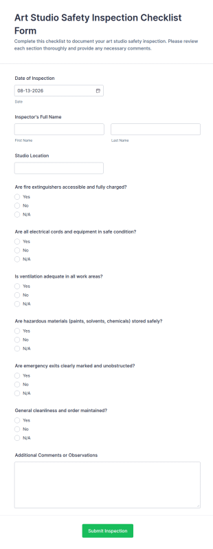 Art Studio Safety Inspection Form Template