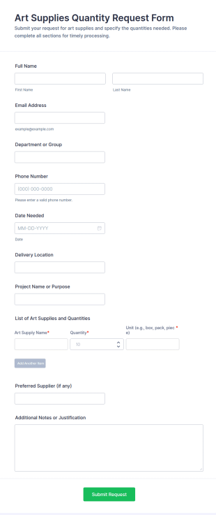 Art Supplies Quantity Request Form Template