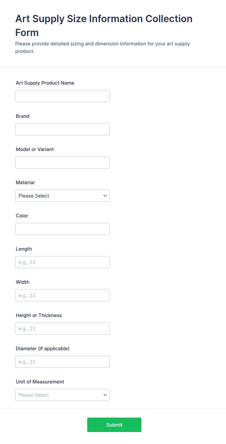 Art Supply Size Information Collection Form Template | Jotform