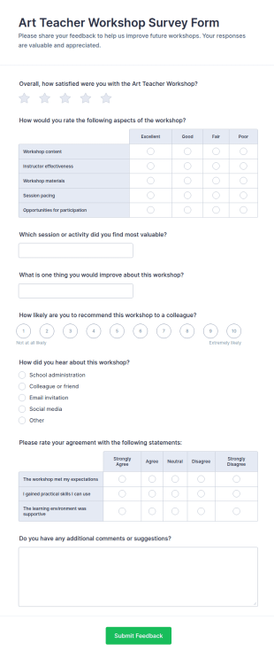 Art Teacher Workshop Survey Form Template