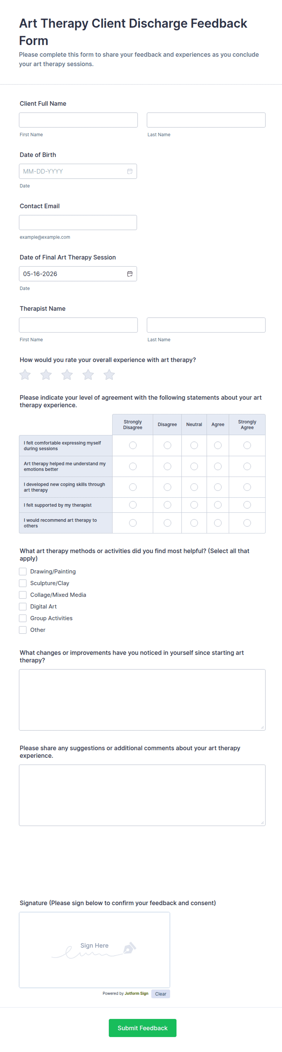 Art Therapy Client Discharge Feedback Form Template | Jotform