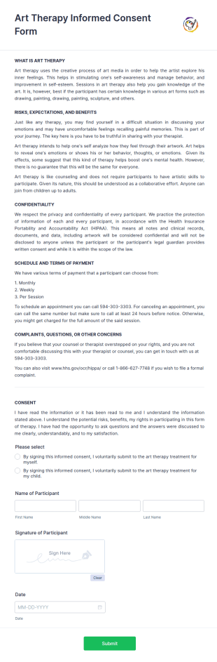 Art Therapy Informed Consent Form Template