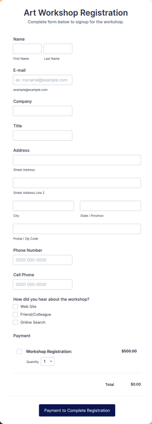 Art Workshop Registration Form WorldPay UK Payment Form
