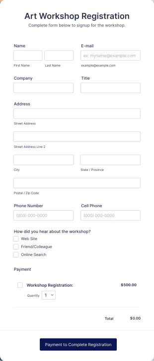 Art Workshop Registration Form WorldPay UK Payment Form