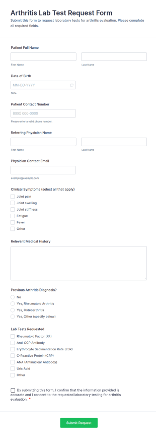Arthritis Lab Test Request Form Template