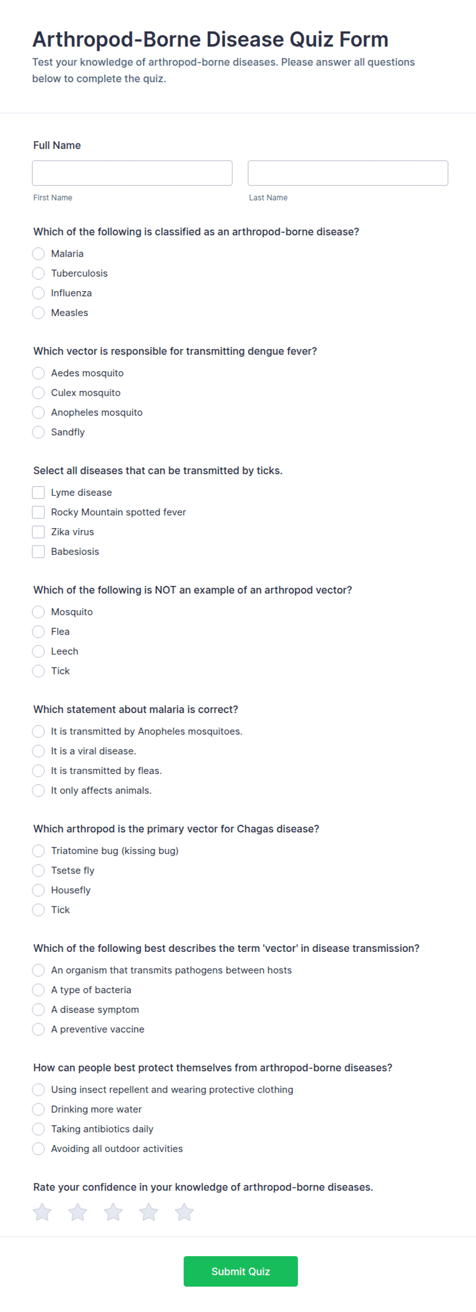 Arthropod-Borne Disease Quiz Form Template | Jotform