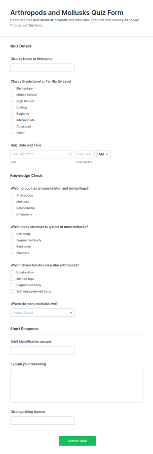 Arthropods And Mollusks Quiz Form Template