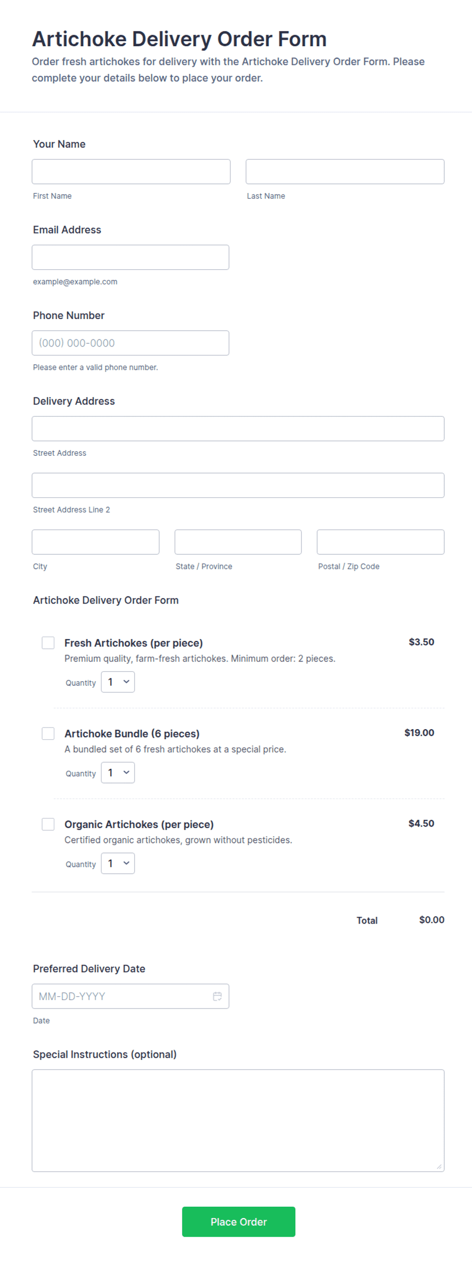 Artichoke Delivery Order Form Template | Jotform