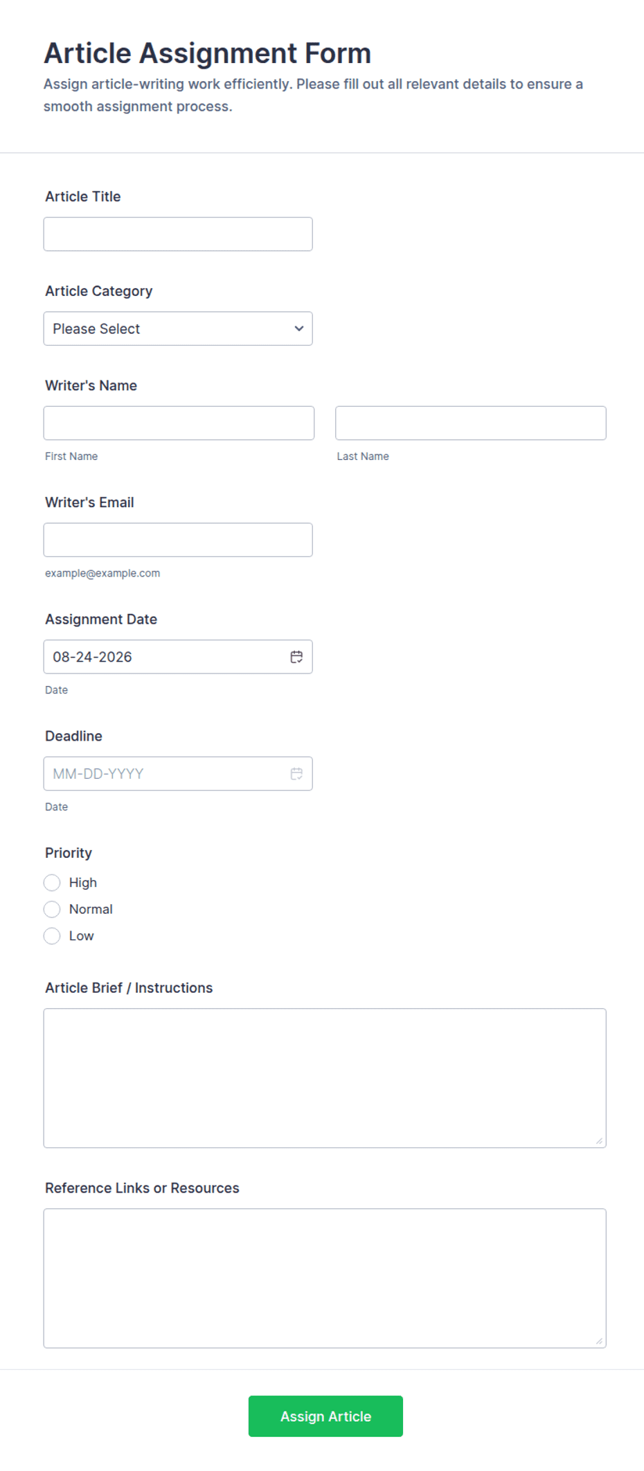 Article Assignment Form Template | Jotform