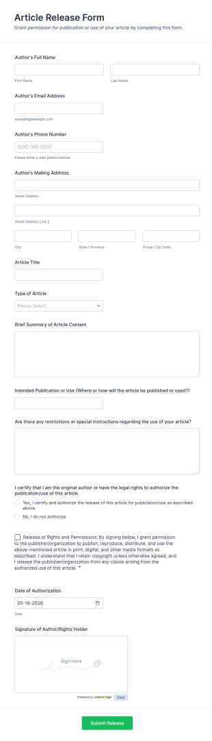 Article Release Form Template