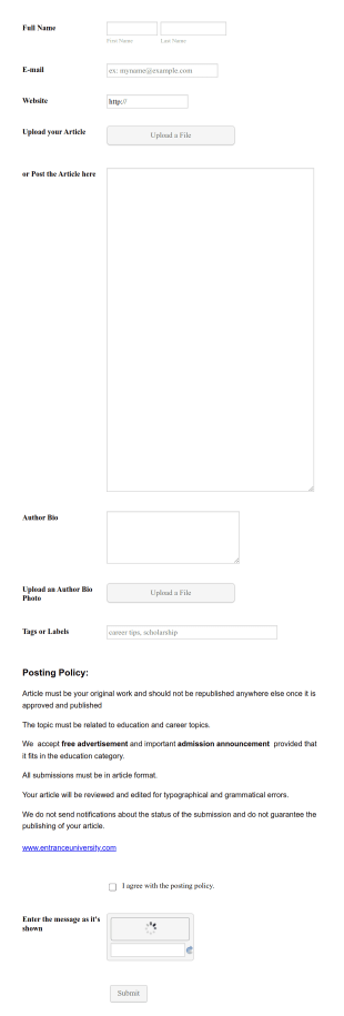 Article Submission Tool EntranceUniversity Form Template