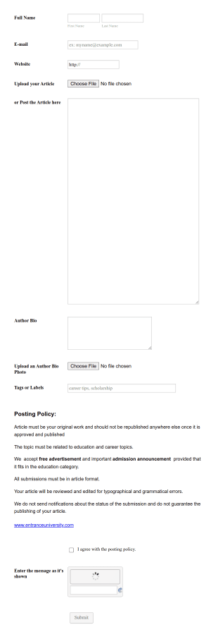 Article Submission Tool EntranceUniversity Form Template