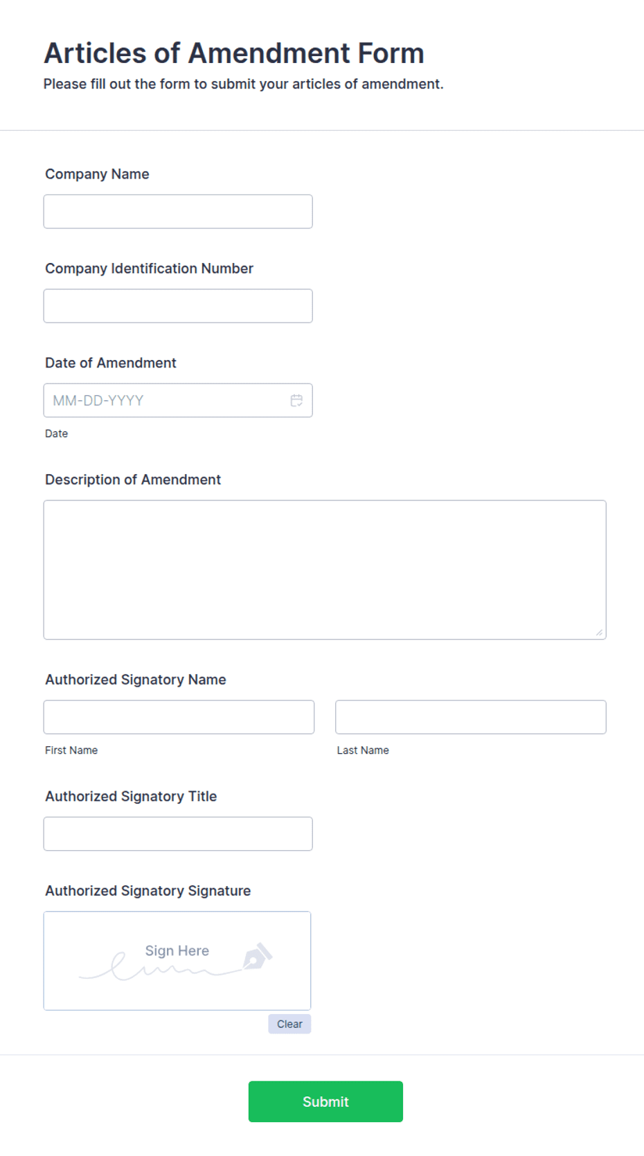 Amendment Form Layout Articles of Amendment Form Template | Jotform