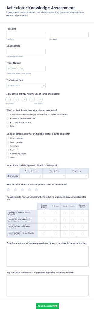 Articulator Knowledge Assessment Form Template