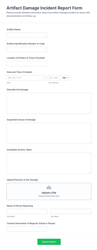 Artifact Damage Incident Report Form Template